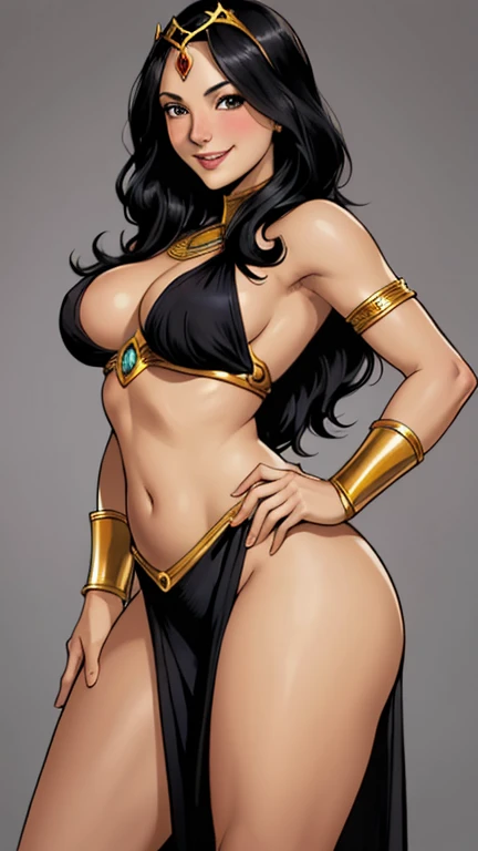 Dark horse Comics, (emote:0.8), Eloise Mumford dressed as (Dejah Thoris), by Frank cho and HR Geiger, barsoom, (sexy), black hair, ornate diadem, (naked:1), (1girl:1), Gray background, (NSFW:0.9), delicate hands, (smiling:1), grinning, (pubic hair:0.7)