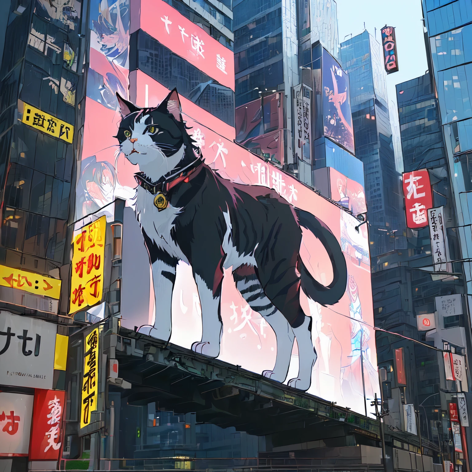 (4kanimeアート:1.4)、A fifty-year-old cat reflected on a sign in a city lined with skyscrapers, Cat attacks Tokyo, [animeアート ]!!, Beasts, there is nothing,  anime, Cyborg Cat, Cat Pictures, In Tokyo, Sora the Cat, akihabara, japanese cgi, there is nothingmimi