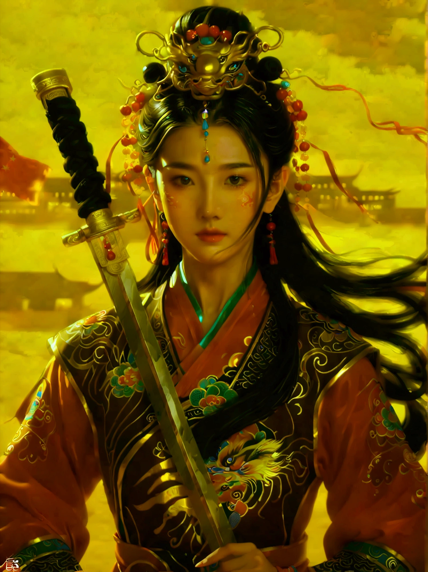 Chinese style，Ancient battlefield，Chinese female general，Holding a long sword，Grim expression，whole body，Stunning facial features，Red robe，armor，boots，Yellow sand in the sky，Fire，Game Model，stunning light and shadow，OC Rendering，Rim Light，Delicate light，Super Fine，Epic Composition，Ultra HD，(Aesthetics and aesthetics:1.2)，(Chinese girl&#39;s facial features:1.8)，(Front view:1.9)，(以广角镜头拍摄whole body的顶级摄影师作品:1.5)