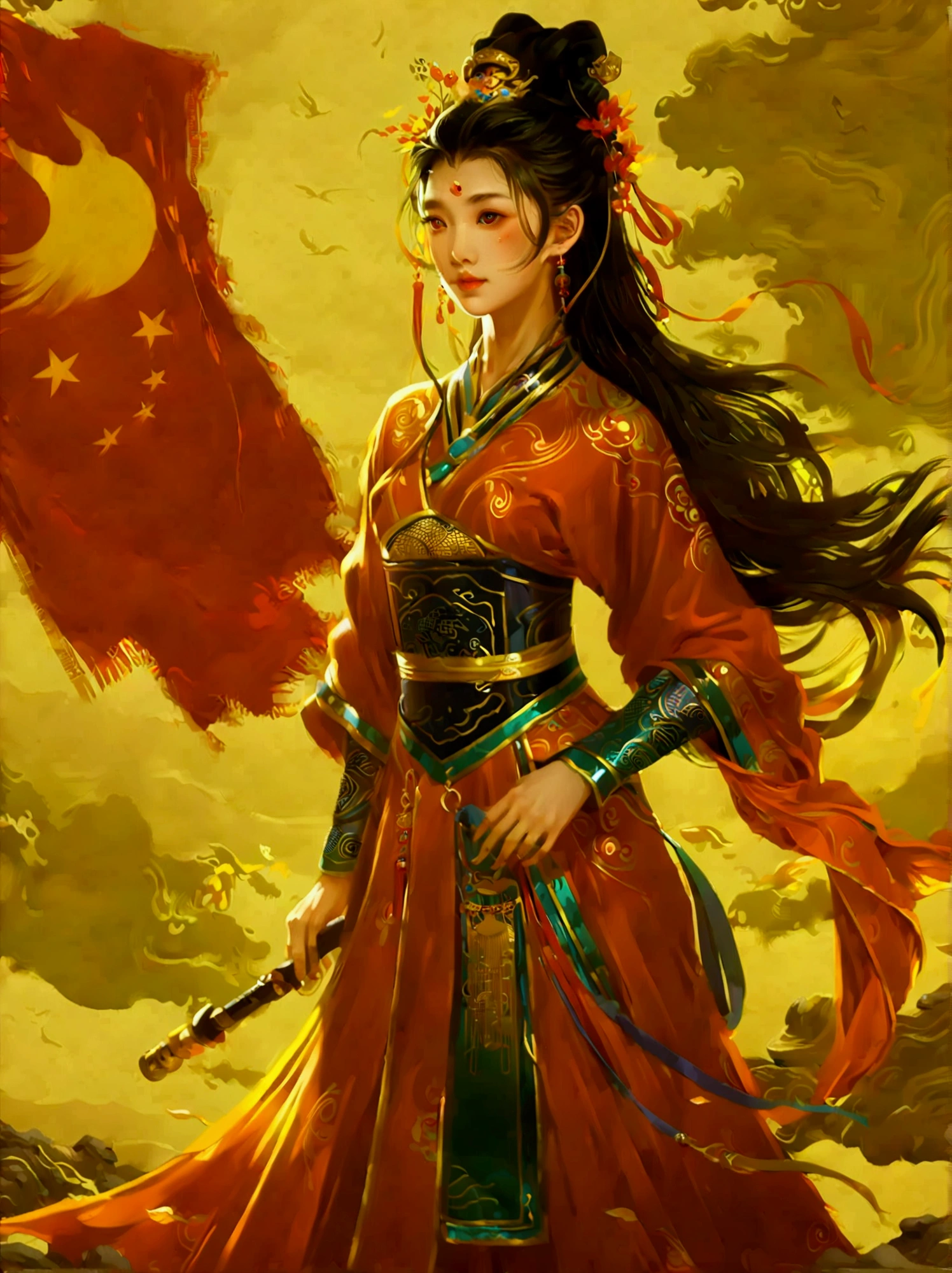 Chinese style，Ancient battlefield，Chinese female general，Holding a long sword，Grim expression，whole body，Stunning facial features，Red robe，armor，boots，Yellow sand in the sky，Fire，Game Model，stunning light and shadow，OC Rendering，Rim Light，Delicate light，Super Fine，Epic Composition，Ultra HD，(Aesthetics and aesthetics:1.2)，(Chinese girl&#39;s facial features:1.8)，(Front view:1.9)，(以广角镜头拍摄whole body的顶级摄影师作品:1.5)