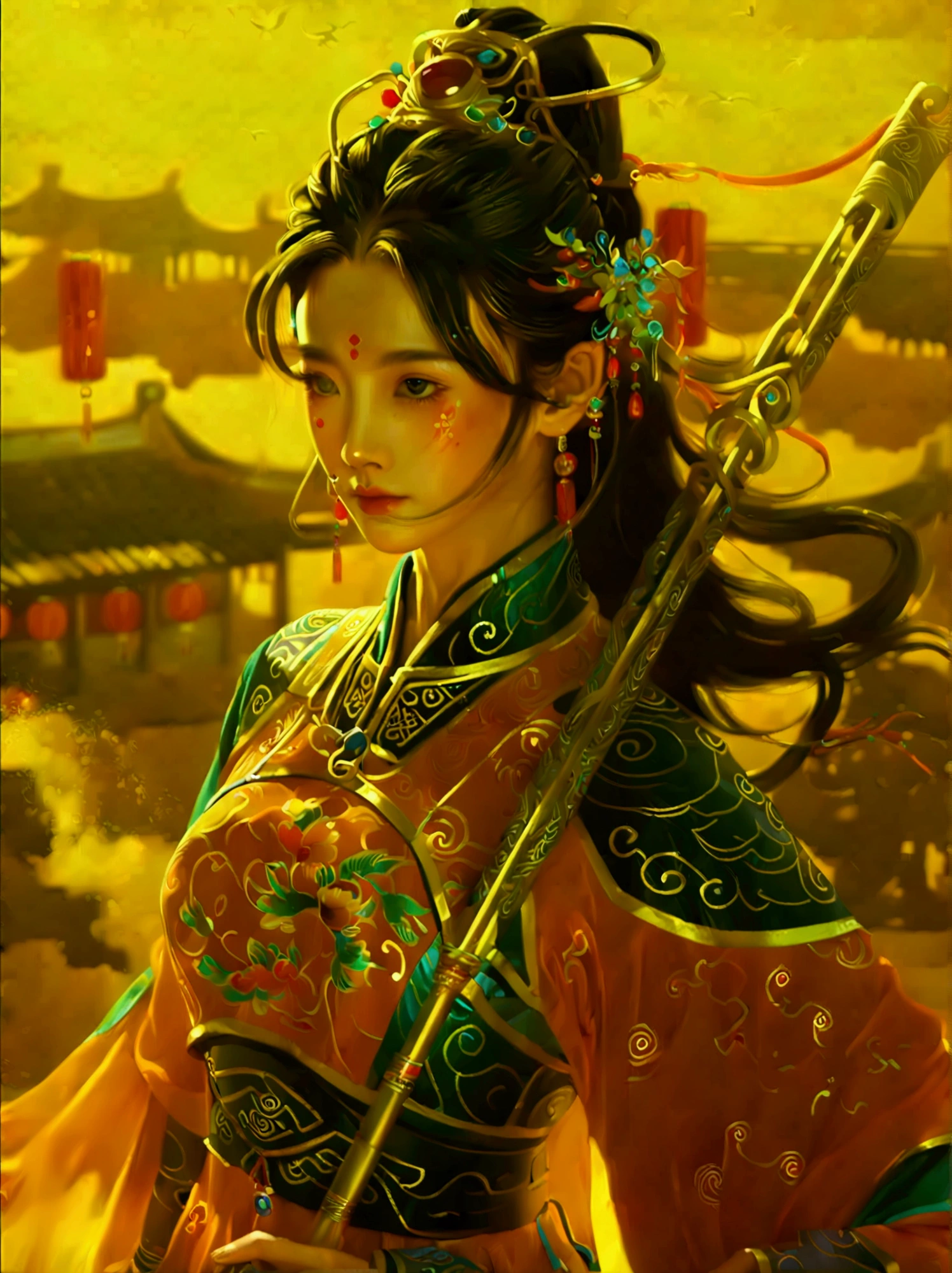 Chinese style,Ancient battlefield,Chinese female general,Holding a long sword,Grim expression,whole body,Stunning facial features,Red robe,armor,boots,Yellow sand in the sky,Fire,Game Model,stunning light and shadow,OC Rendering,Rim Light,Delicate light,Super Fine,Epic Composition,Ultra HD,(Aesthetics and aesthetics:1.2),(Chinese girl's facial features:1.8),(Front view:1.9),(以广角镜头拍摄whole body的顶级摄影师作品:1.5)