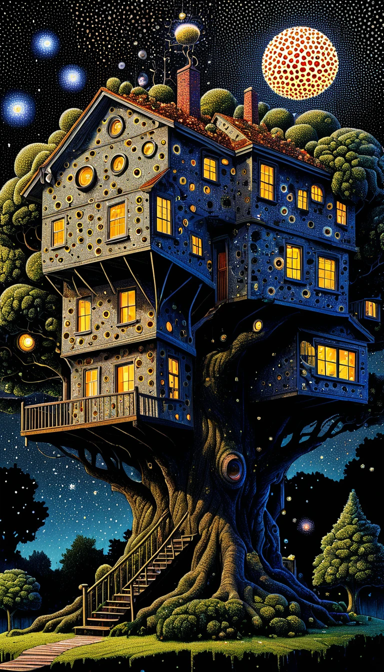 Strange illustration，Pointillism method，Trypophobia，House on top of a tree，Eye，unrealistic，Strong visual impact，black background，Star