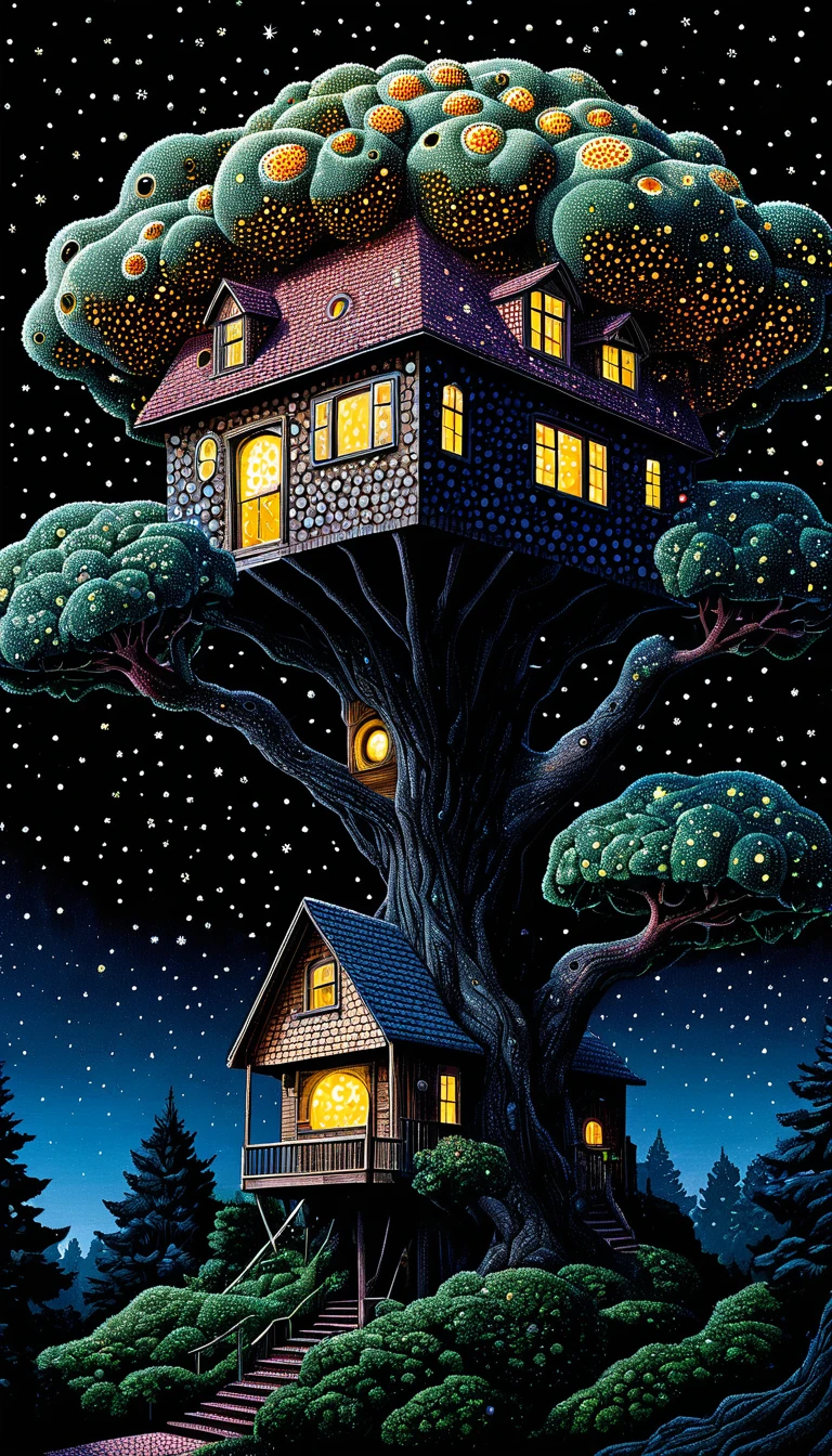 Strange illustration,Pointillism method,Trypophobia,House on top of a tree,Eye,unrealistic,Strong visual impact,black background,Star
