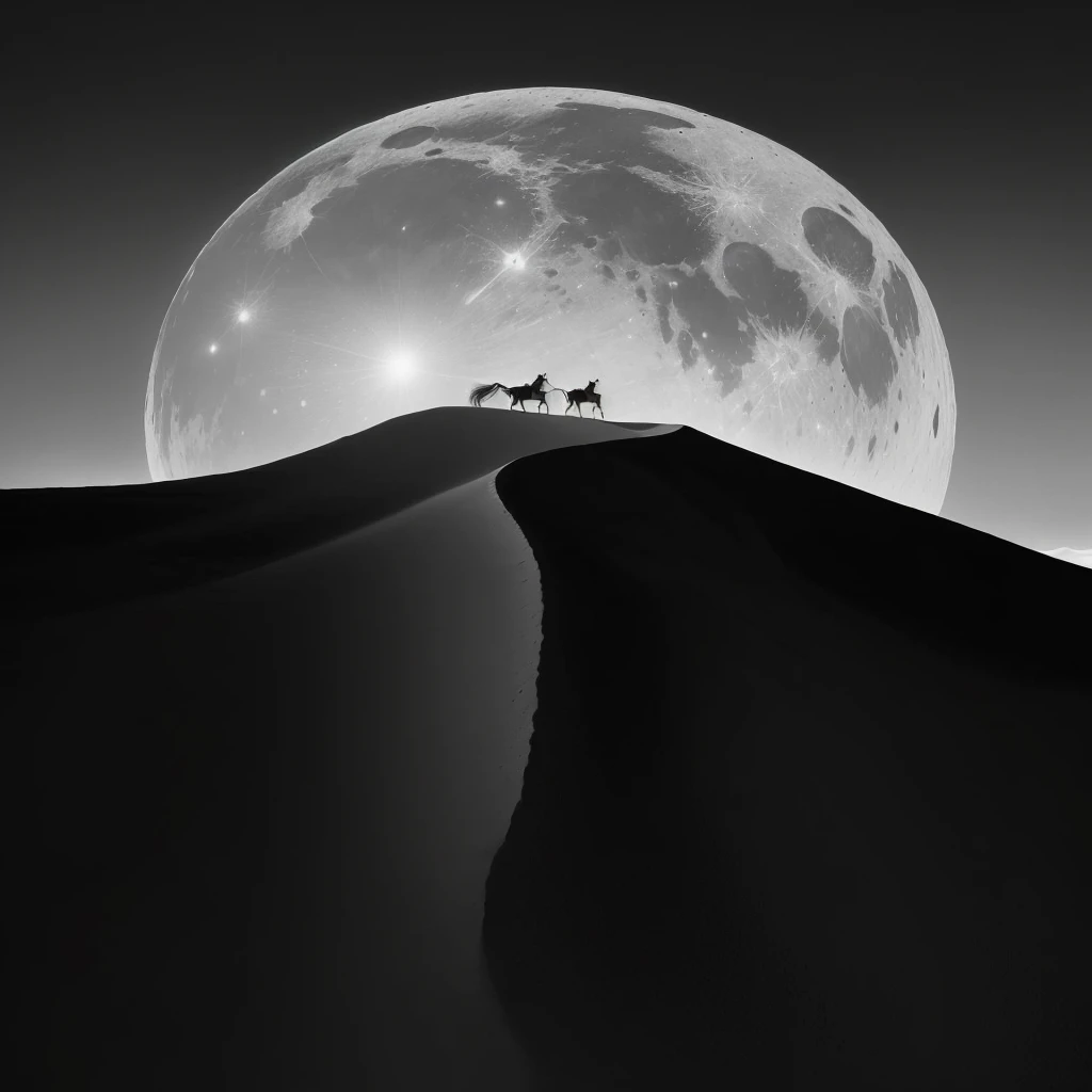 A black and white photo，In the photo, a person is riding a horse on the mountain, Black and White Photography, author：Darek Zablocki, author：Rady Nedelchev, riding on the moon, White sand moon landscape, Gorgeous composition, author Leo Leuppi, desert photography, author Farid Mansour, author：Bernard D&#39;Andrea, author：Ahmed Yacoubi