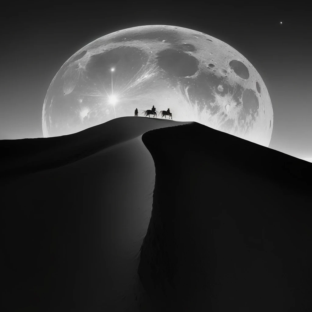 A black and white photo，In the photo, a person is riding a horse on the mountain, Black and White Photography, author：Darek Zablocki, author：Rady Nedelchev, riding on the moon, White sand moon landscape, Gorgeous composition, author Leo Leuppi, desert photography, author Farid Mansour, author：Bernard D&#39;Andrea, author：Ahmed Yacoubi