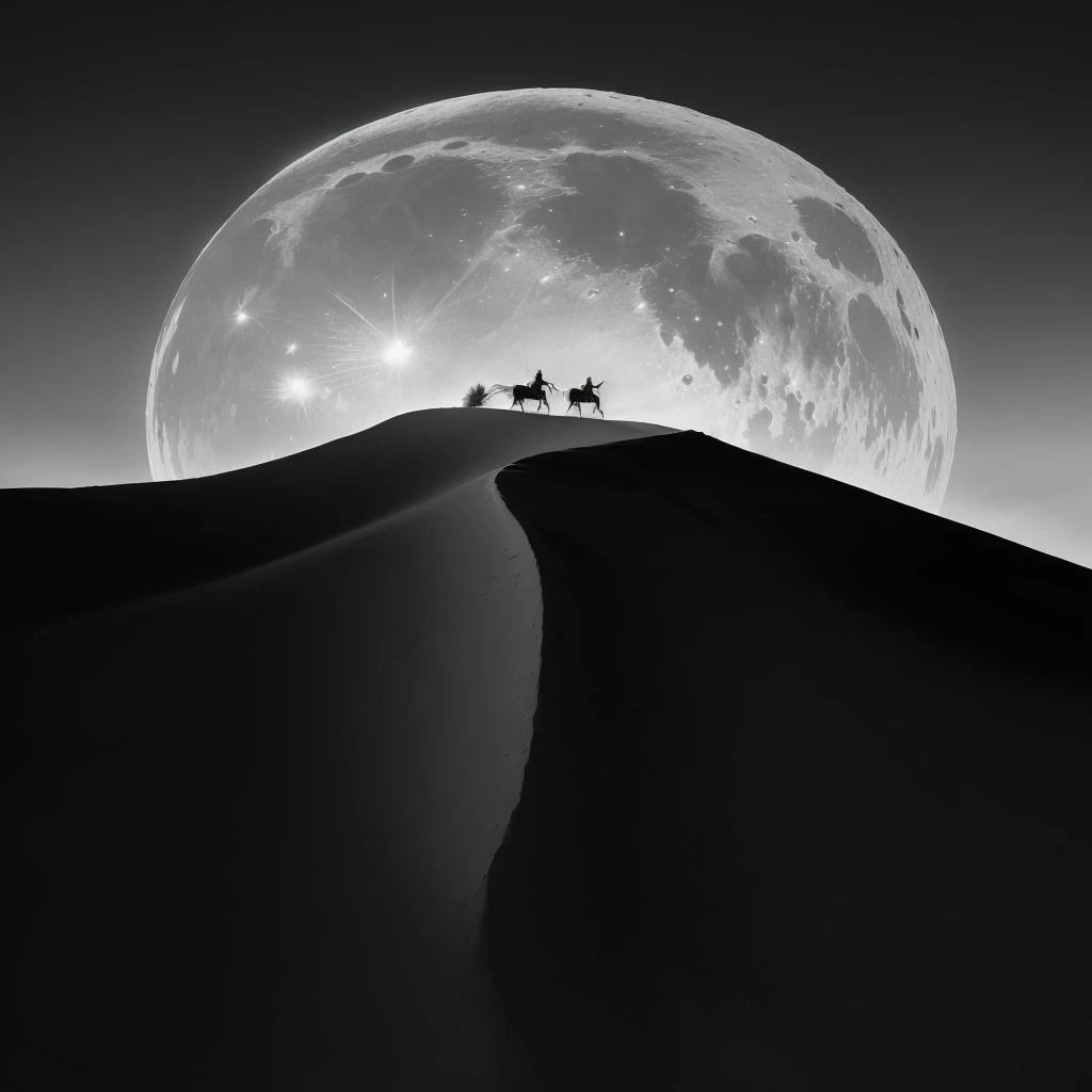 A black and white photo，In the photo, a person is riding a horse on the mountain, Black and White Photography, author：Darek Zablocki, author：Rady Nedelchev, riding on the moon, White sand moon landscape, Gorgeous composition, author Leo Leuppi, desert photography, author Farid Mansour, author：Bernard D&#39;Andrea, author：Ahmed Yacoubi