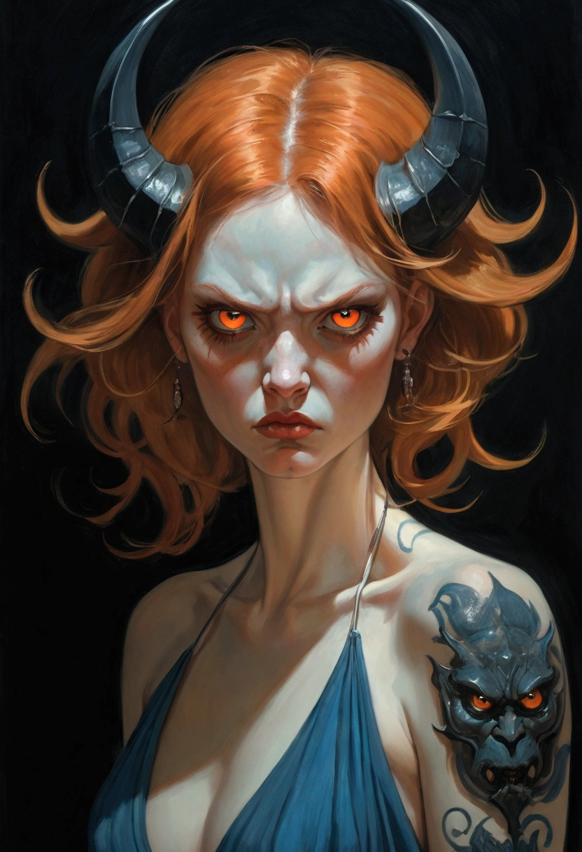 Imitating Alex Howitt (Alex Howitt) style of,style of santiago caruso,An extremely detailed gouache painting of a female demon, Disgusted expression, angry, anger, Gorgeous exotic style, Amber neon eyes:1.5, Orange Hair, Extremely detailed facial features, Expressive face, Detailed texture, Blue skin tone, Tattoo, (masterpiece), (best quality), (Super Detail),