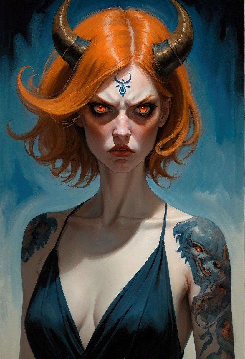 Imitating Alex Howitt (Alex Howitt) style of,style of santiago caruso,An extremely detailed gouache painting of a female demon, Disgusted expression, angry, anger, Gorgeous exotic style, Amber neon eyes:1.5, Orange Hair, Extremely detailed facial features, Expressive face, Detailed texture, Blue skin tone, Tattoo, (masterpiece), (best quality), (Super Detail),