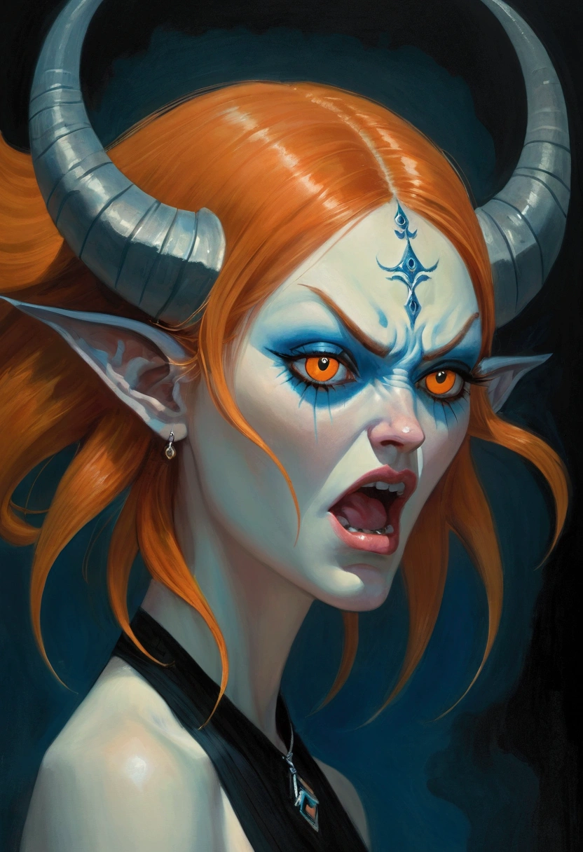 Imitating Alex Howitt (Alex Howitt) style of,style of santiago caruso,An extremely detailed gouache painting of a female demon, Disgusted expression, angry, anger, Gorgeous exotic style, Amber neon eyes:1.5, Orange Hair, Extremely detailed facial features, Expressive face, Detailed texture, Blue skin tone, Tattoo, (masterpiece), (best quality), (Super Detail),