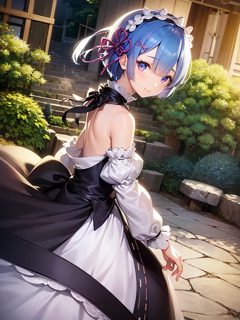 Re:Zero、Rem、hair over light eye、Gentle smile、Round hairstyle、short hair