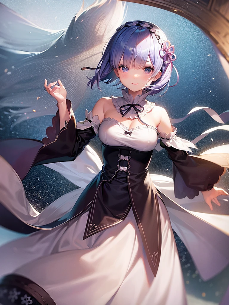 Re:Zero、Rem、hair over light eye、Gentle smile、Round hairstyle、short hair