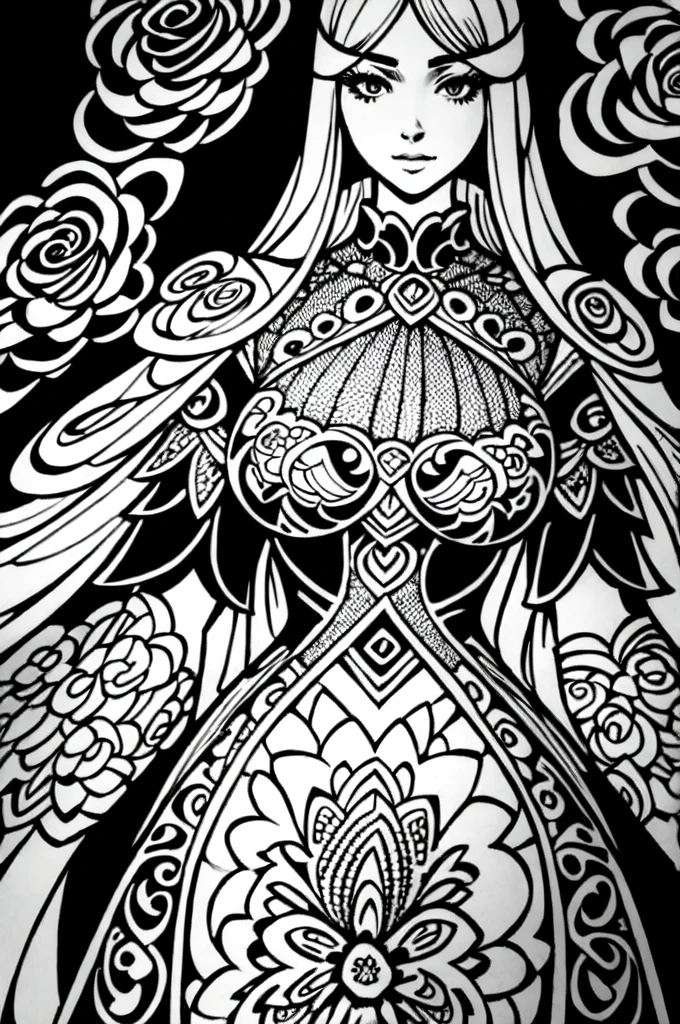 a black and white drawing of a dress with flowers on it, intricate clothes, bold intricate ink illustration, intricate dress, detailed dress, intricately detailed clothing, intricate details illustration, intricate outfit, an intricate dress, ornate dress, intricately detailed artwork, intricate clothing, sublime but intricate design, perfectly detailed linework, intricate detailed dress, in clothes! intricate Cons