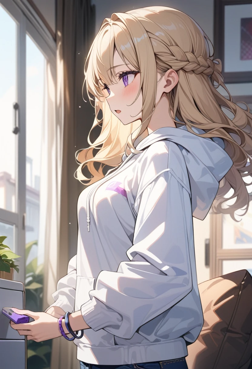 masterpiece, best quality, extremely detailed, ultra detailed, flat anime, 2D,
1girl, (young adult:1.2),blonde hair, (semi-long hair:1.2), curly hair, french braid, medium breasts, purple eyes, tsurime, height 1.7meters, 
white hooded sweatshirt, jeans,bracelet, long sleeves,socks,
very interesting, open mouth, ((small USB flash memory in hand)), 
upper body, portrait, looking back
summer, livingroom, 12AM., standing