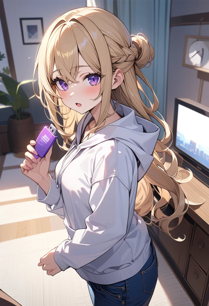 masterpiece, best quality, extremely detailed, ultra detailed, flat anime, 2D,
1girl, (young adult:1.2),blonde hair, (semi-long hair:1.2), curly hair, french braid, medium breasts, purple eyes, tsurime, height 1.7meters, 
white hooded sweatshirt, jeans,bracelet, long sleeves,socks,
very interesting, open mouth, ((small USB flash memory in hand)), 
upper body, portrait, looking back
summer, livingroom, 12AM., standing