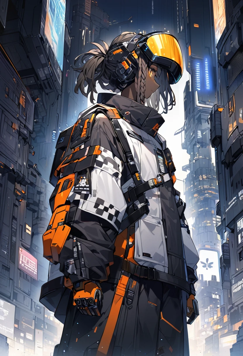 A dreadlock、Cartoon character wearing white shirt, Dusty Patient Clothing, Wearing Dark Universe Mercenary Outfit, Sci-fi skin, dystopian scifi outfit, Mechanical punk outfit, ,Profile,There is a city behind