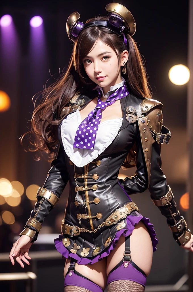 Woman portrait、Highest quality、Rear view、8k, clear, Fine skin、Clear, beautiful eyes、The beauty of a smile、Bright beautiful face、whole body、Curly Hair、My hair was messed up by the wind、(Glamorous Muscle、tall),(Hip_superior, Hip superior), Beauty,( Watching the audience),Realistic, High resolution, Soft Light,1 female, One person,Brown hair,Twin tails,Fine Skin, Naughty look,((Steampunk Pirates costume、polka dot)),Steampunk style girl、Costumes decorated with lots of gear and watches,((Black and purple stripes,Sailor-style armor with collar))、Beautiful Steampunk Guild Staff Costume Banker Uniform,((Black and Purple Steampunk Purple Steampunk Coat, High-tech Mecha,Gemstone Helmet,dress shirt,wrist cuffs,Steampunk bodystocking,neckerchief,mini skirt,High leg))、((arms behind back))),(bokeh),(studio lighting)
