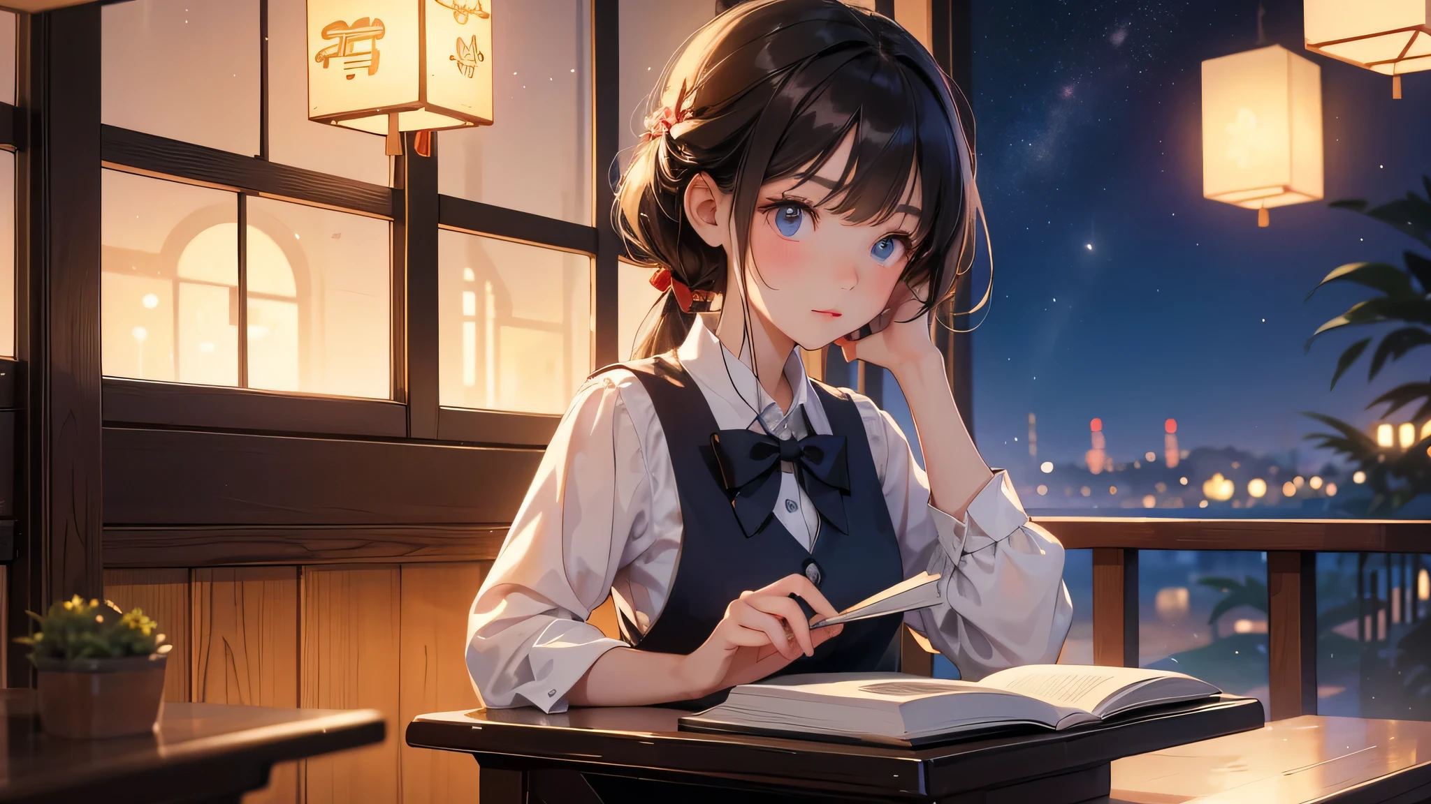 First-class quality，8K resolution，masterpiece，Fresh，Close-up shot，Chinese  bows her head to read a book，Sitting at the table，Fashion suspender top，Fair skin，Bright colors，Summer Night，The background is a window，Night view outside the window