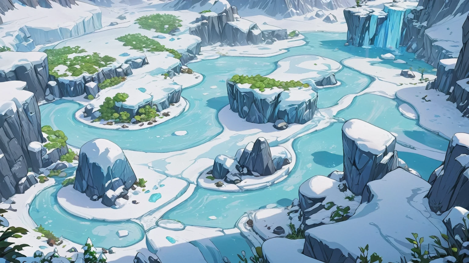 传奇皮肤“glacier，Snowfield，Snow White，glacier，Stone，glacier雪原场景，Green Plants，Cartoon Style，Game big scene，Look down at the scene