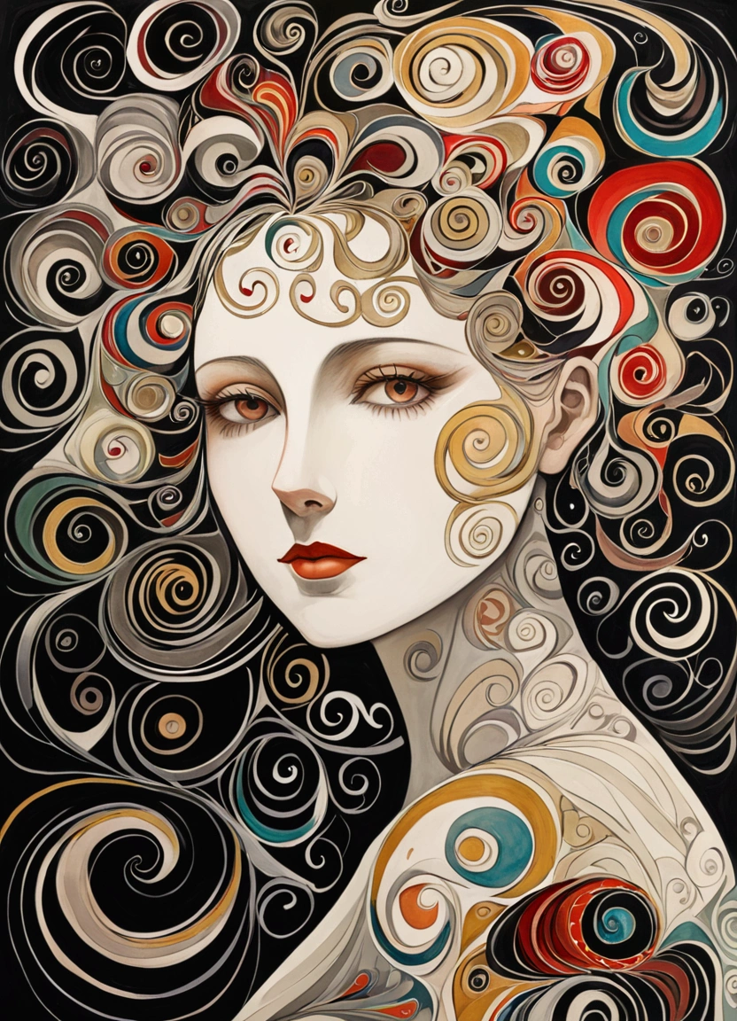 Imitating Alex Howitt (Alex Howitt) style of,style of santiago caruso，Abstract painting of a woman, Colorful swirls on the face, portrait, Beautiful and expressive