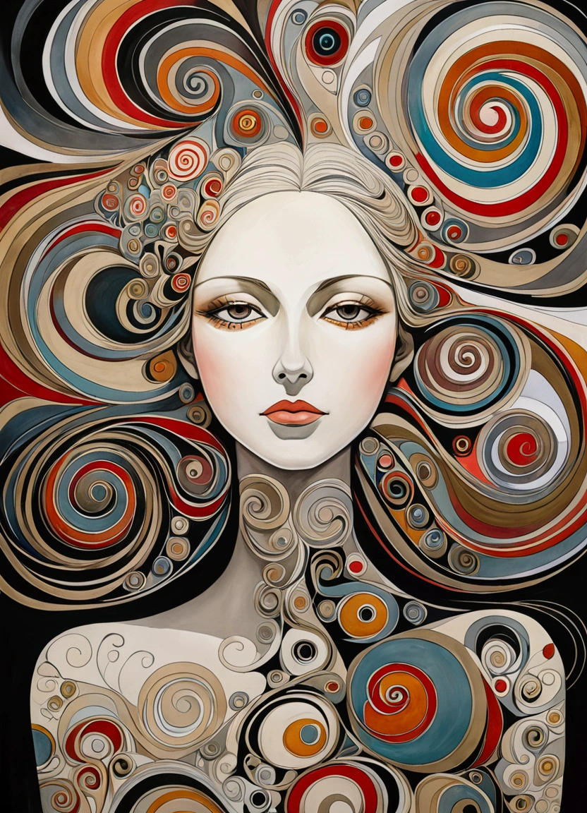 Imitating Alex Howitt (Alex Howitt) style of,style of santiago caruso,Abstract painting of a woman, Colorful swirls on the face, portrait, Beautiful and expressive