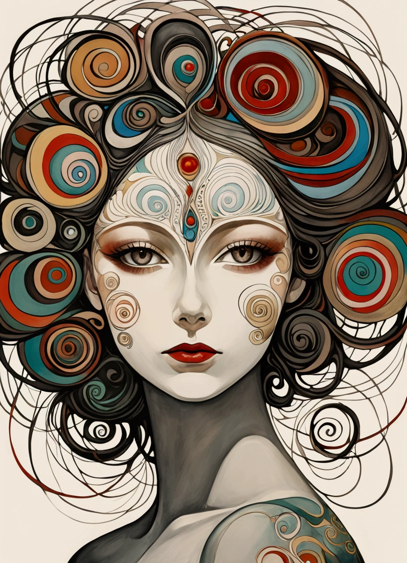 Imitating Alex Howitt (Alex Howitt) style of,style of santiago caruso，Abstract painting of a woman, Colorful swirls on the face, portrait, Beautiful and expressive