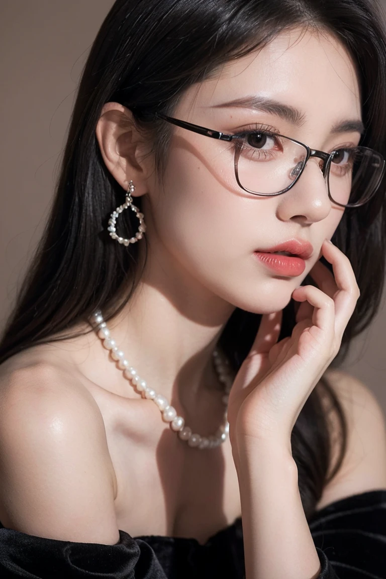 beautiful woman looking down at her phone, closeup side profile of woman's face, woman in black dress with off-the-shoulder sleeves, pearl earrings and necklace, wearing glasses, intense and longing gaze, high-quality realistic portrait photograph, natural skin tones, soft lighting, shallow depth of field, photorealistic, 8k, hyper-detailed, intricate details