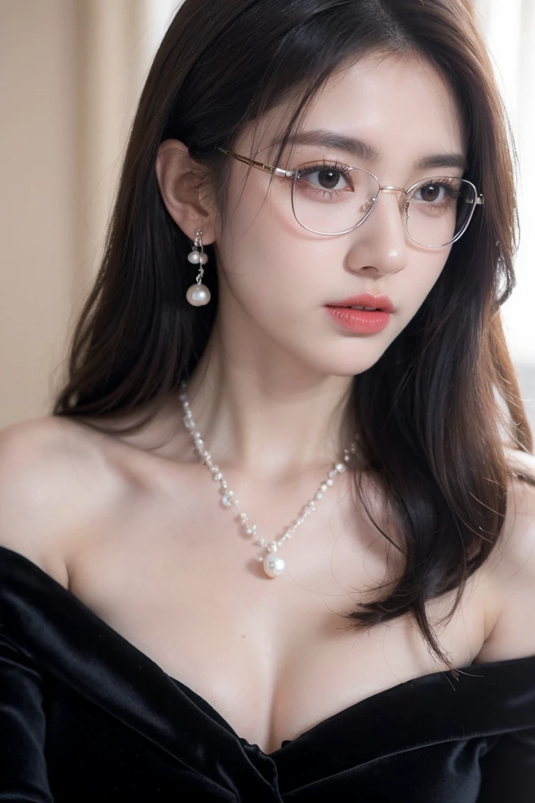 beautiful woman looking down at her phone, closeup side profile of woman's face, woman in black dress with off-the-shoulder sleeves, pearl earrings and necklace, wearing glasses, intense and longing gaze, high-quality realistic portrait photograph, natural skin tones, soft lighting, shallow depth of field, photorealistic, 8k, hyper-detailed, intricate details