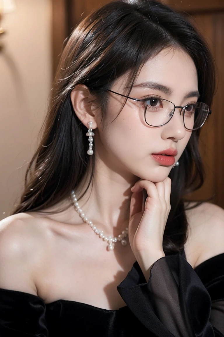 beautiful woman looking down at her phone, closeup side profile of woman's face, woman in black dress with off-the-shoulder sleeves, pearl earrings and necklace, wearing glasses, intense and longing gaze, high-quality realistic portrait photograph, natural skin tones, soft lighting, shallow depth of field, photorealistic, 8k, hyper-detailed, intricate details