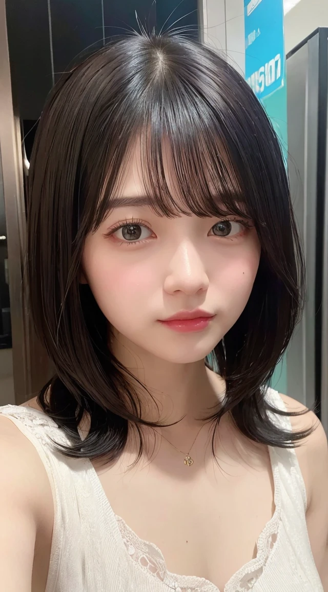 (Highest quality、8k、32K、masterpiece、Best Quality、Realistic))、Black Hair、Medium Hair、Short bangs、Selfie