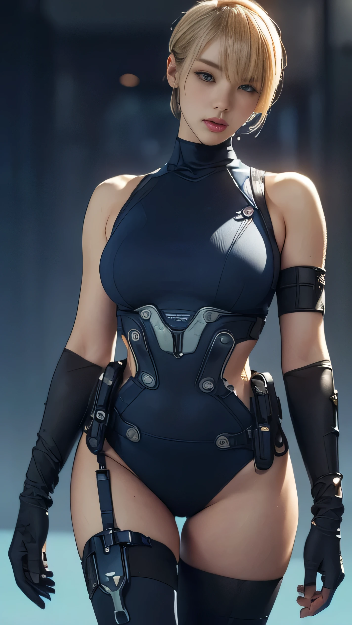 (A woman),(((A female member of the Future Force rides a motorcycle))),((Navy blue tactical tights:1.5)),((earphone:1.5)),((Tactical Holster:1.5)),(Gloves:1.5),(Serious:1.5),(Super short hair:1.5),(bionde:1.5),(beautiful eyes:1.3),(Very detailedな顔:1.5),((Very detailed drawing of a female hand:1.5)),((muscular:1.5)),(Sexy appearance:1.5),((Thick thighs:1.5)),(Beautiful Body:1.5),((Very sensual:1.5)),(The backdrop is a futuristic city:1.5),(Cyberpunk atmosphere:1.5),(((Blurred Background:1.5))),(Written border depth:1.5),rest(((masterpiece:1.5),(best quality:1.5),(Very detailed:1.5),(high resolution:1.5),(Practical:1.5),(Practical:1.5),(Delicate depiction),(Carefully drawn))),8k,wallpaper