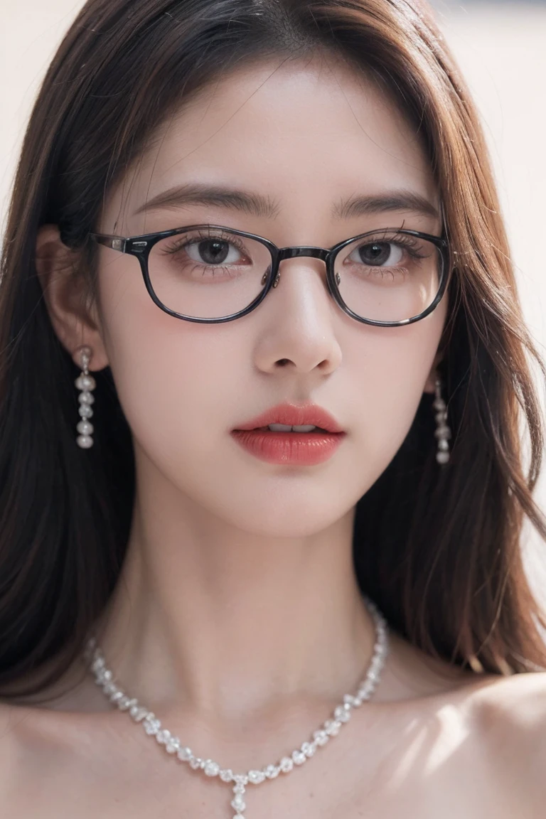 Beautiful woman looking down at her phone, close-up profile of her face, woman in black dress, pearl earrings and necklace, frameless glasses, intense and eager gaze, high-quality realistic portrait photos, natural skin tone, soft lighting, shallow depth of field, photo level realism, 8k, super details, complex details