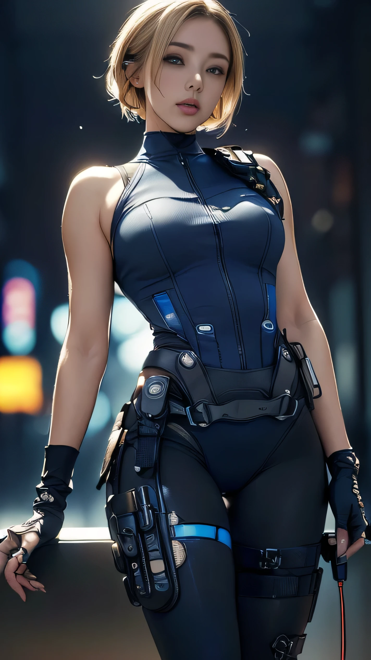 (A woman),(((A female member of the Future Force rides a motorcycle))),((Navy blue tactical tights:1.5)),((earphone:1.5)),((Tactical Holster:1.5)),(Gloves:1.5),(Serious:1.5),(Super short hair:1.5),(bionde:1.5),(beautiful eyes:1.3),(Very detailedな顔:1.5),((Very detailed drawing of a female hand:1.5)),((muscular:1.5)),(Sexy appearance:1.5),((Thick thighs:1.5)),(Beautiful Body:1.5),((Very sensual:1.5)),(The backdrop is a futuristic city:1.5),(Cyberpunk atmosphere:1.5),(((Blurred Background:1.5))),(Written border depth:1.5),rest(((masterpiece:1.5),(best quality:1.5),(Very detailed:1.5),(high resolution:1.5),(Practical:1.5),(Practical:1.5),(Delicate depiction),(Carefully drawn))),8k,wallpaper