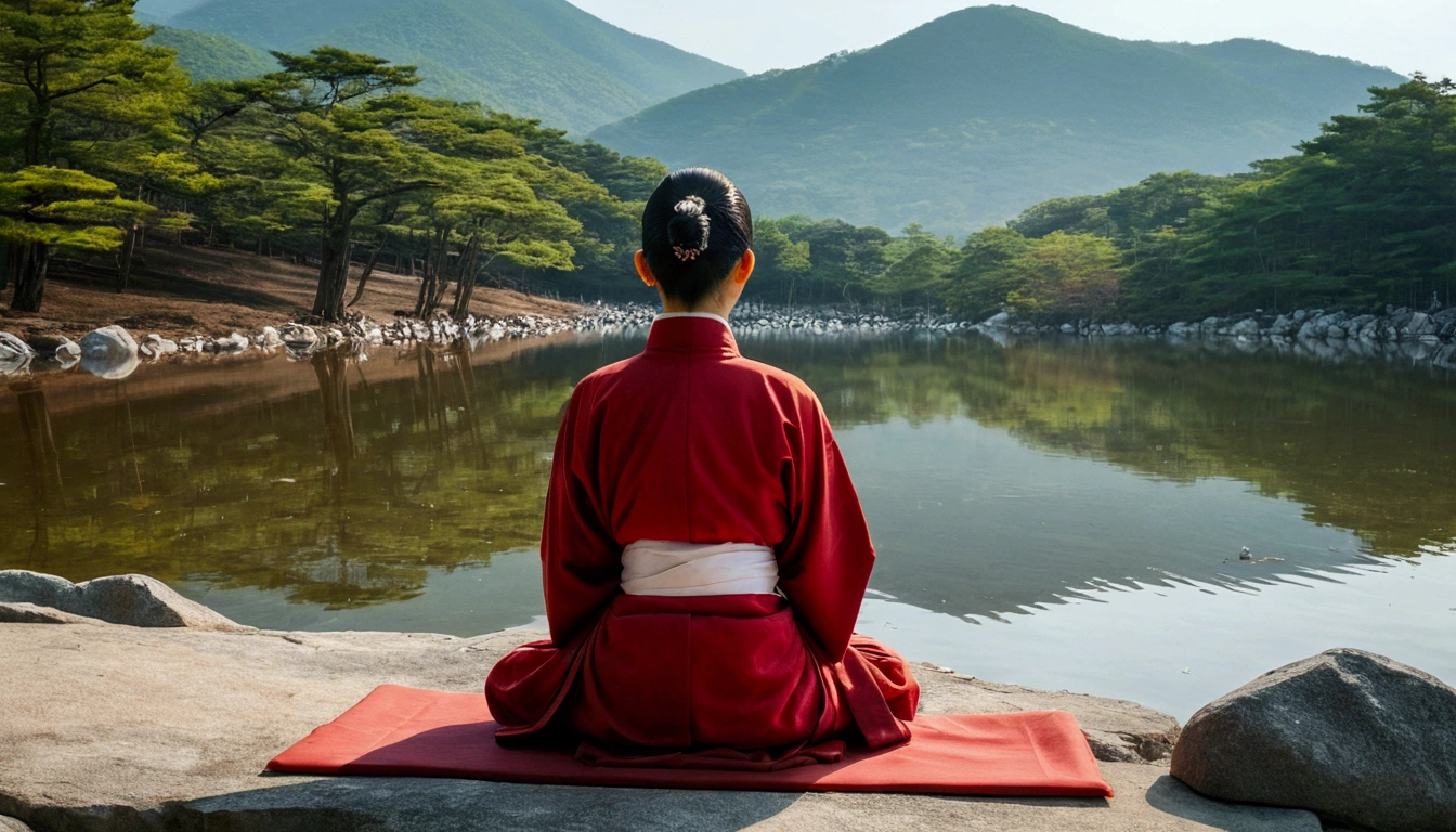 In South Korea, a woman dressed in a red monk robe is quietly meditating by the lake next to the Great Snow Mountain. There is also a forest where everything is very soothing, and Buddhist symbols such as lotus flowers or Dharma wheels are present. The colors are soothing and full of Zen meaning, and the ultra-fine skin is BREAK of the best quality. Deep shadows, 8000, digital SLR camera, Kodak Ektar 100, Fuji XT3, F4, 1/800s, ISO 100, born
information