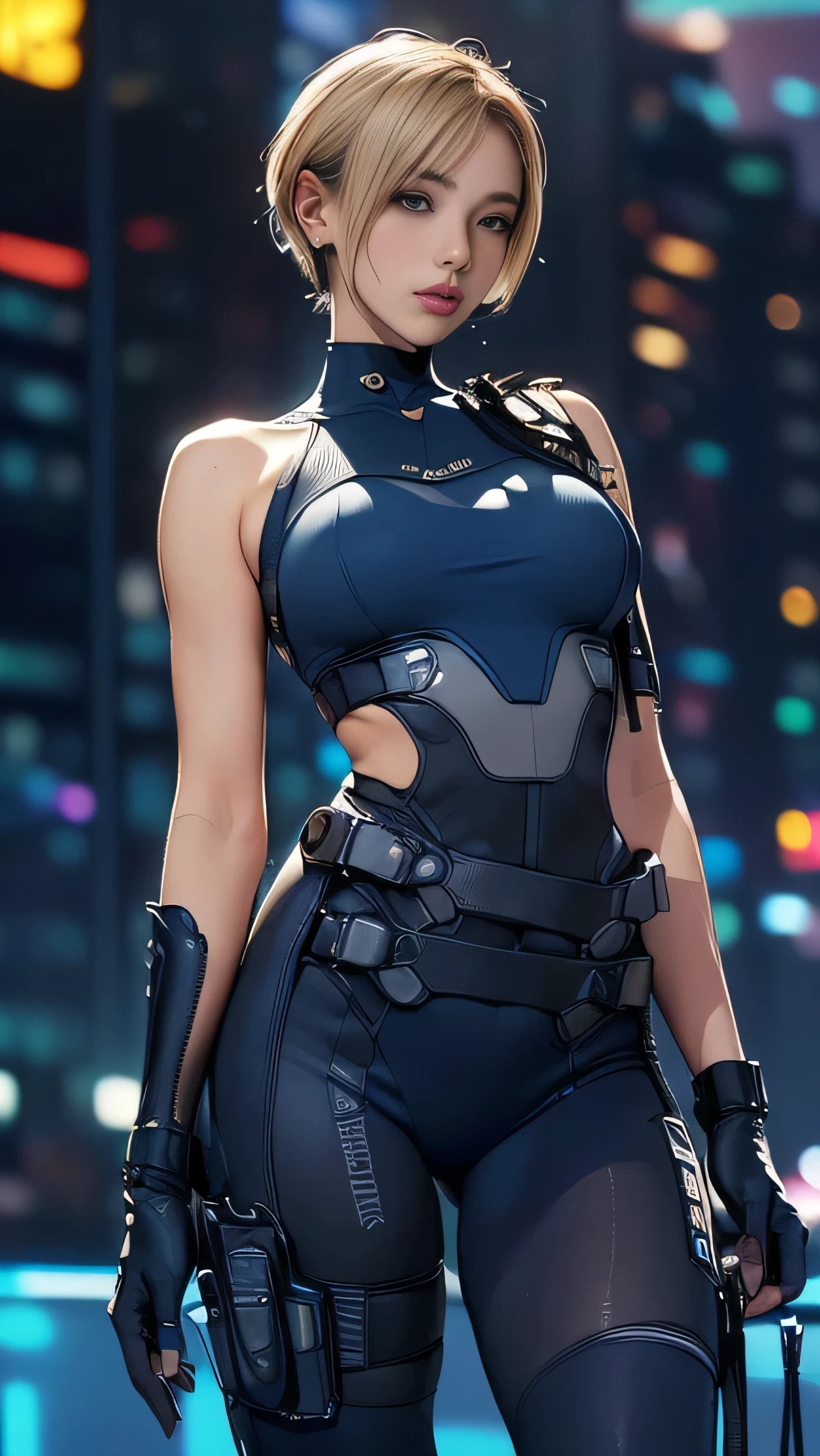 (A woman),(((A female member of the Future Force rides a motorcycle))),((Navy blue tactical tights:1.5)),((earphone:1.5)),((Tactical Holster:1.5)),(Gloves:1.5),(Serious:1.5),(Super short hair:1.5),(bionde:1.5),(beautiful eyes:1.3),(Very detailedな顔:1.5),((Very detailed drawing of a female hand:1.5)),((muscular:1.5)),(Sexy appearance:1.5),((Thick thighs:1.5)),(Beautiful Body:1.5),((Very sensual:1.5)),(The backdrop is a futuristic city:1.5),(Cyberpunk atmosphere:1.5),(((Blurred Background:1.5))),(Written border depth:1.5),rest(((masterpiece:1.5),(best quality:1.5),(Very detailed:1.5),(high resolution:1.5),(Practical:1.5),(Practical:1.5),(Delicate depiction),(Carefully drawn))),8k,wallpaper