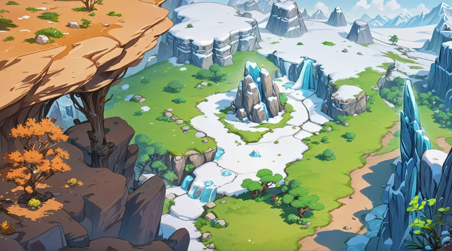 传奇皮肤“glacier,Snowfield,desert,forest,grassland",Snow White,glacier,Stone,Cave,desert,forest场景,Green Plants,Cartoon Style,Game big scene,Look down at the scene