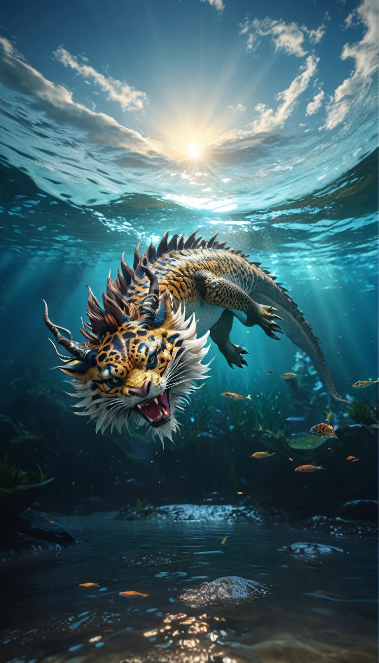 水中有一种Fantasy Creatures(best quality,4K,8k,High level,masterpiece:1.2),Ultra Detailed,(lifelike,Photo real,Photo real:1.37),Highly detailed animals,Complex patterns,Realistic lighting,Fantasy Creatures