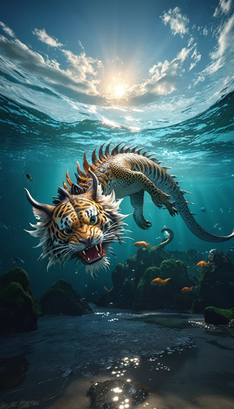 水中有一种Fantasy Creatures(best quality,4K,8k,High level,masterpiece:1.2),Ultra Detailed,(lifelike,Photo real,Photo real:1.37),Highly detailed animals,Complex patterns,Realistic lighting,Fantasy Creatures