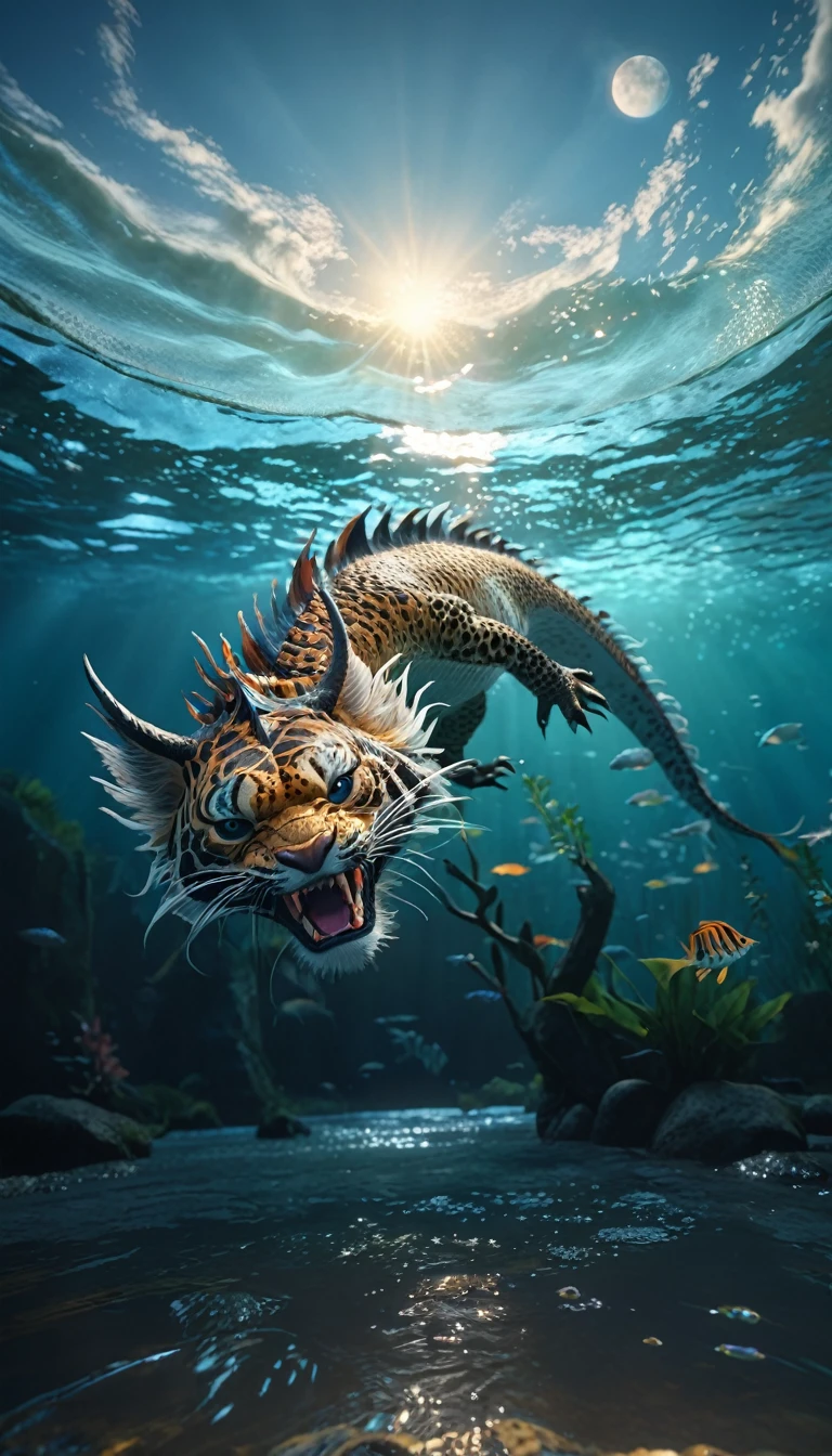 水中有一种Fantasy Creatures(best quality，4K，8k，High level，masterpiece：1.2），Ultra Detailed，（lifelike，Photo real，Photo real：1.37），Highly detailed animals，Complex patterns，Realistic lighting，Fantasy Creatures