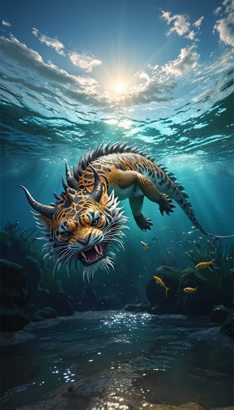 水中有一种Fantasy Creatures(best quality,4K,8k,High level,masterpiece:1.2),Ultra Detailed,(lifelike,Photo real,Photo real:1.37),Highly detailed animals,Complex patterns,Realistic lighting,Fantasy Creatures