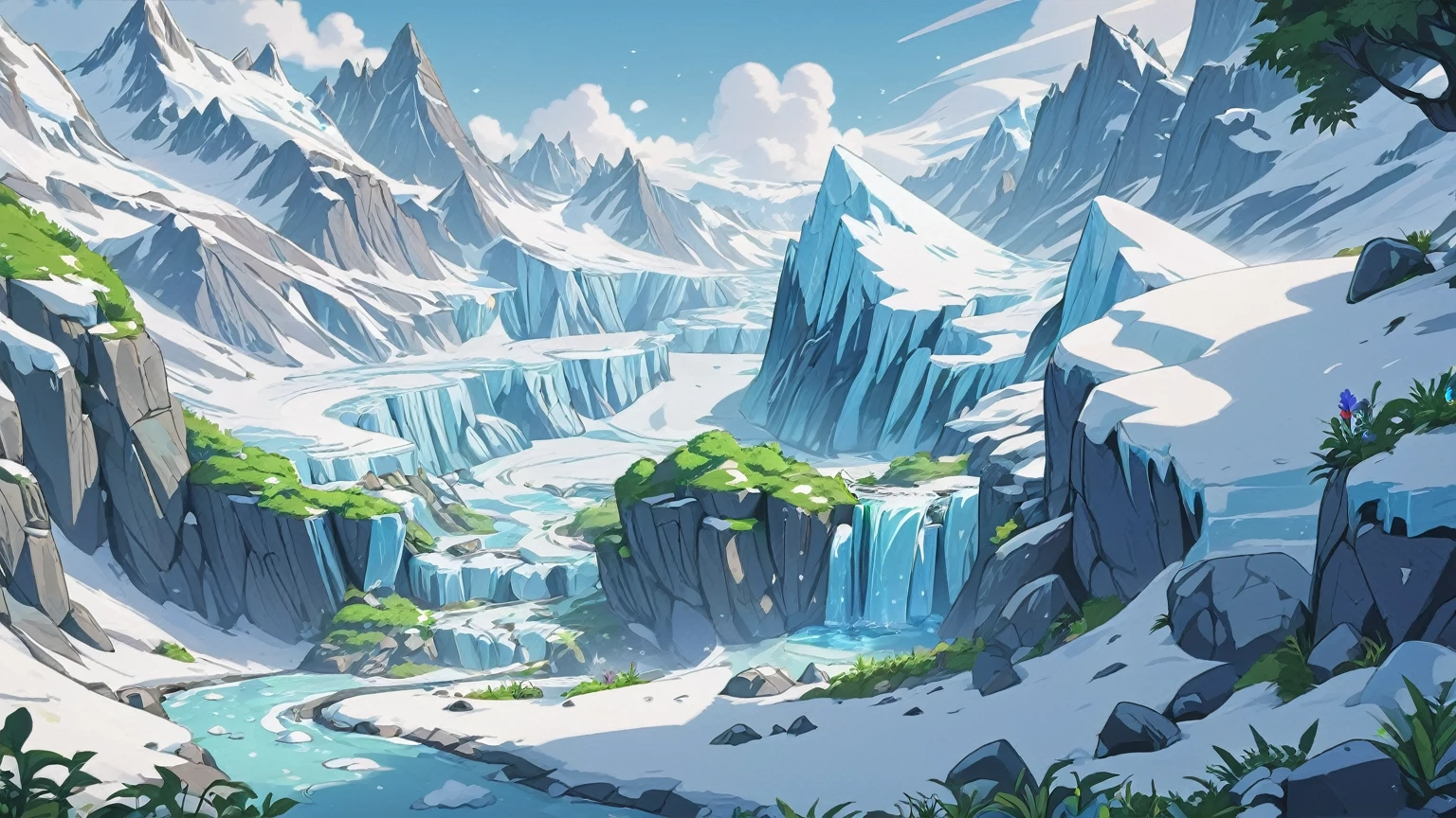 传奇皮肤“glacier,Snowfield,Snow White,glacier,Stone,glacier雪原场景,Green Plants,Cartoon Style,Game big scene,Look down at the scene