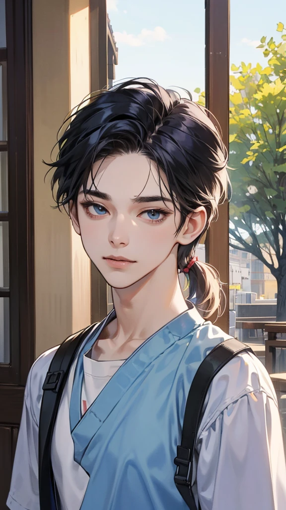 Absurd masterpiece HDR high-definition picture，Characters from famous Korean webtoons, 1 boy , Characters have detailed faces, Dye your hair according to anime, Smiley Face, Casual Wear , ((Casual Hairstyle:1 )) , Anime eyes, Light blue , 

穿着动漫里的Casual Wear装, Detailed clothing, Beautiful background, Masterpiece Landscape