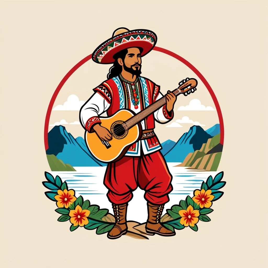 bard in peruvian folk outfit, vector graphics, strong contours, logo design
