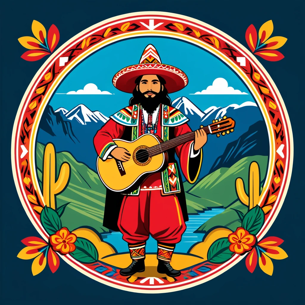 bard in peruvian folk outfit, vector graphics, strong contours, logo design