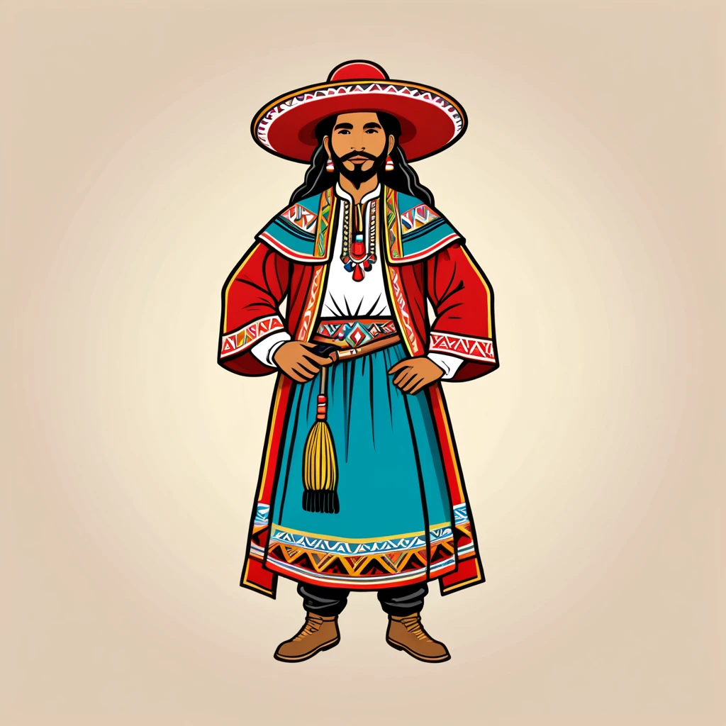 bard in peruvian folk outfit, vector graphics, strong contours, logo design