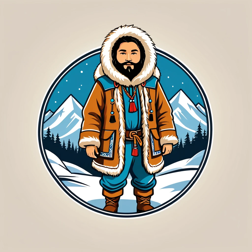 bard in eskimo folk outfit, vector graphics, strong contours, logo design
