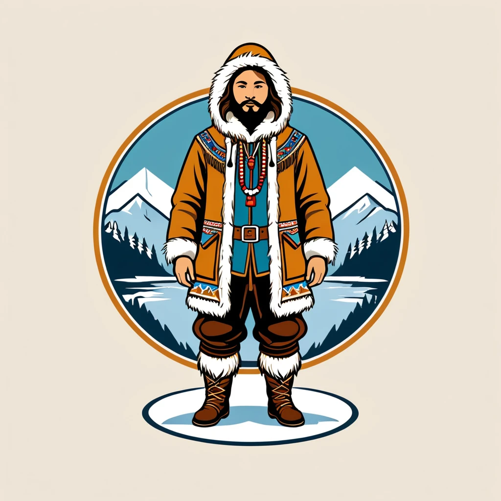 bard in eskimo folk outfit, vector graphics, strong contours, logo design
