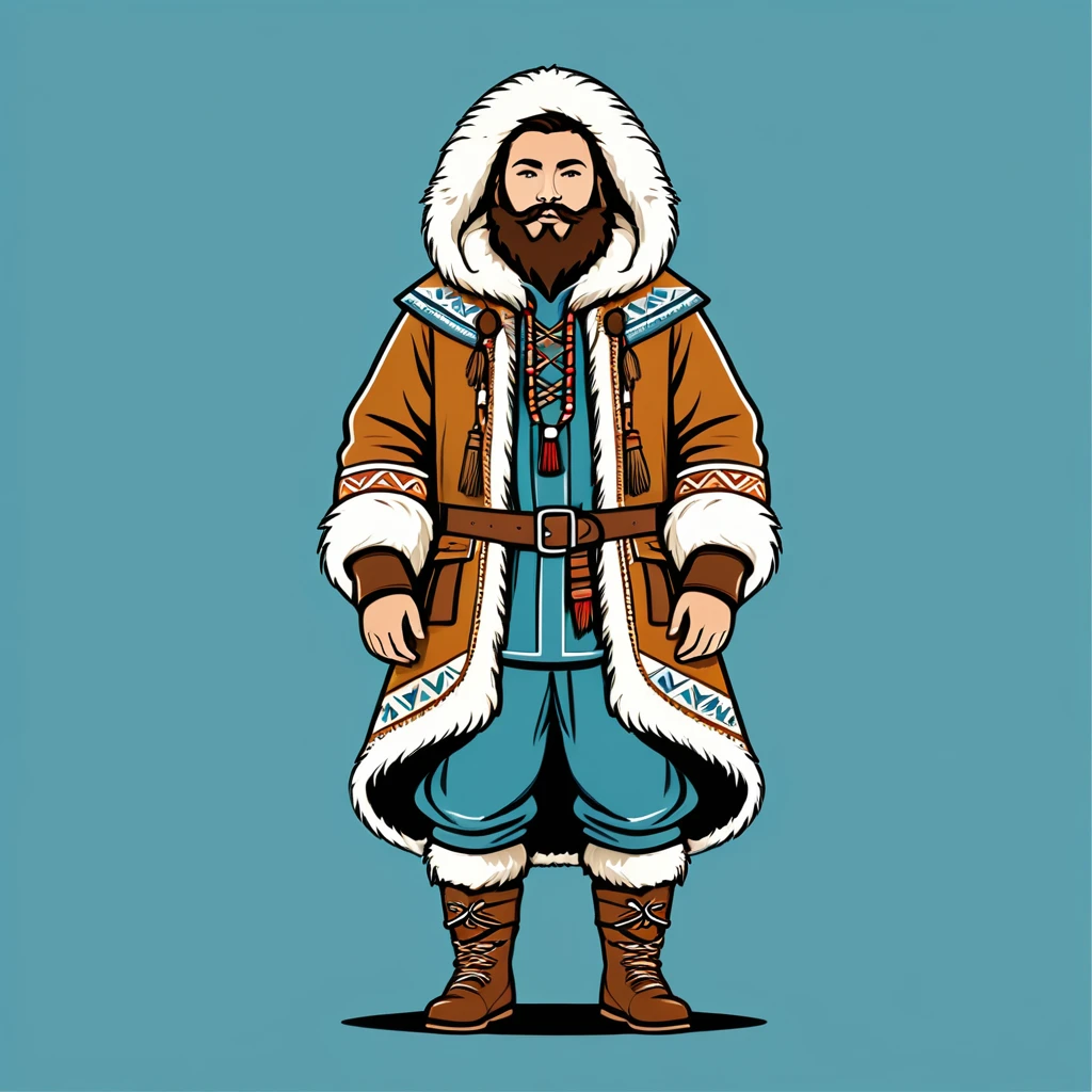 bard in eskimo folk outfit, vector graphics, strong contours, logo design