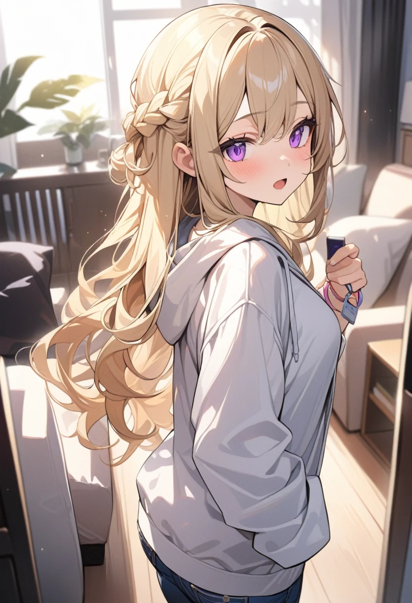 masterpiece, best quality, extremely detailed, ultra detailed, flat anime, 2D,
1girl, (young adult:1.2),blonde hair, (semi-long hair:1.2), curly hair, french braid, medium breasts, purple eyes, tsurime, height 1.7meters,
white hooded sweatshirt, jeans,bracelet, long sleeves,socks,
very interesting, open mouth, ((small USB flash memory in hand)),
upper body, portrait, looking back
summer, livingroom, 12AM., standing