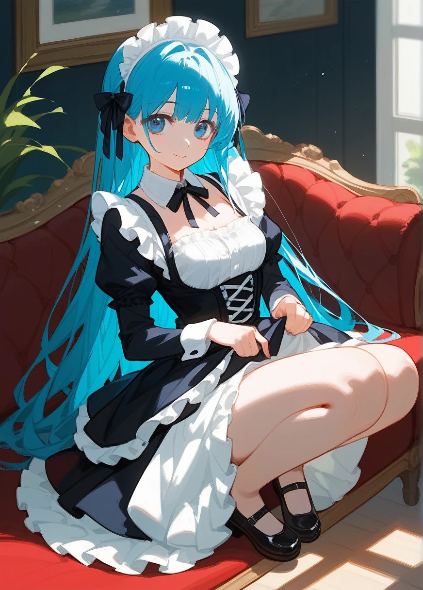 A beautiful blue-haired anime girl sitting on a sofa, a girl wearing a dress, an alluring anime girl, an adorable anime art style, an anime maid girl, an anime fan art style girl with a fan, a yandere anime girl, the best anime girl, an anime girl squatting, an anime girl, a cute anime girl wearing a beautiful dress