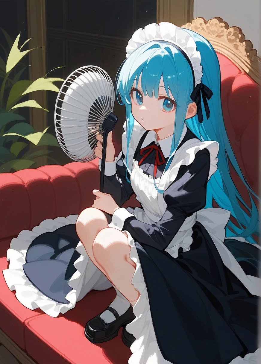 A beautiful blue-haired anime girl sitting on a sofa, a lolita girl wearing a dress, an alluring anime girl, an adorable anime art style, an anime maid girl, an anime fan art style girl with a fan, a yandere anime girl, the best anime girl, an anime girl squatting, an anime girl, a cute anime girl wearing a beautiful dress